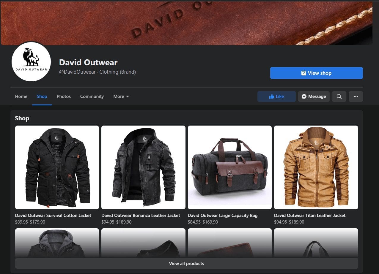 Example of a Facebook shop to illustrate how to use social media for digital marketing